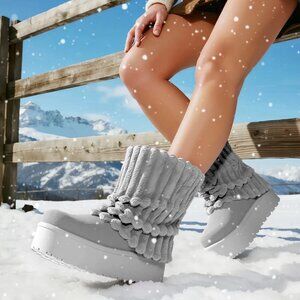 Women Winter GREY Fuzzy Faux Fur Lined Calf High Boots 2 inch Sole